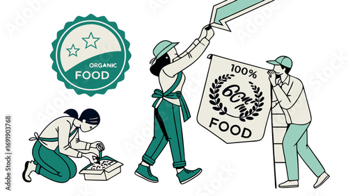 Organic food label illustration with people farming and healthy lifestyle concept  
