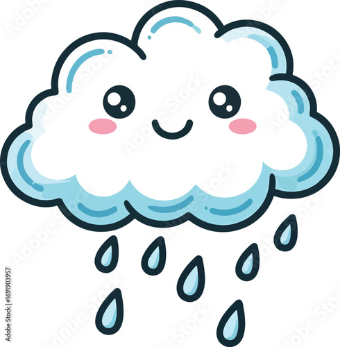 Cute Kawaii Cloud Character Illustration with Raindrops, Happy Weather Emotion, and Playful Design Elements for Children's Content and Educational Material