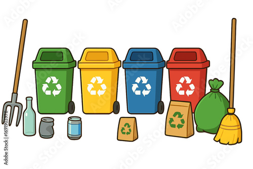 Recycling bins for waste segregation and management. Garbage sorting for environmental awareness. Vector cartoon illustration set with trash can, paper bag, and cleaning tools.