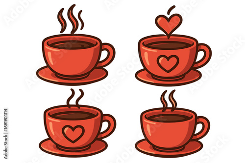 Set of red coffee cups with heart designs and steam. Vector cartoon illustration concept for cafe, love, and morning beverages. Hot drink, cappuccino, tea icons isolated.