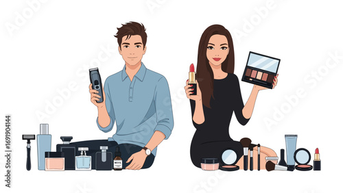 Modern man and woman showcasing a diverse collection of skincare and makeup products promoting beauty and personal care routines for everyone