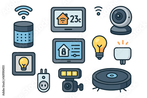 Smart home automation icon set. Vector illustration of internet of things devices. Remote control technology for a modern house. Wireless system with camera, light, and vacuum.