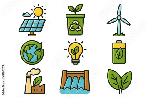 Renewable energy icon set. Green technology and sustainable power. Solar panel, wind turbine, hydroelectric dam. Eco friendly conservation, recycle and ecology concept.