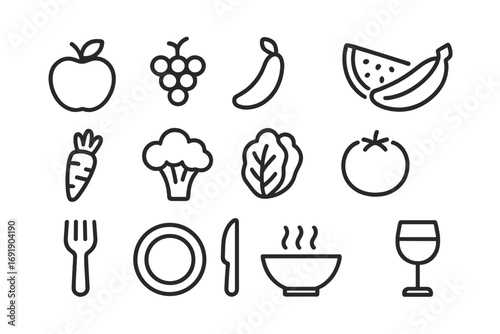 Food icons set simple line art. Fruit, vegetable, dining illustration collection. Healthy eating, nutrition, diet concept. Kitchen, restaurant menu symbols. Vector outline graphic.