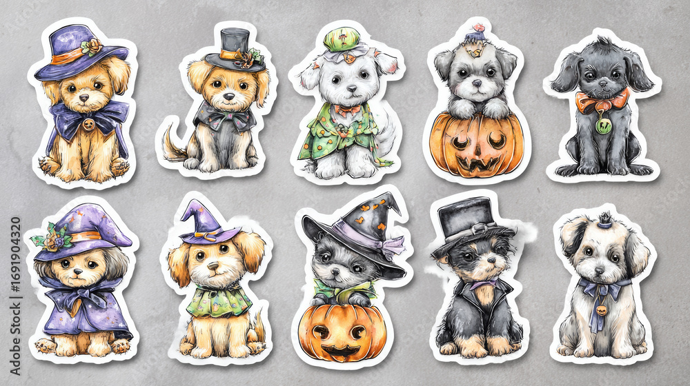 Fototapeta premium Cute puppy Halloween costume witch hat pumpkin bow tie cartoon sticker playful festive gray background