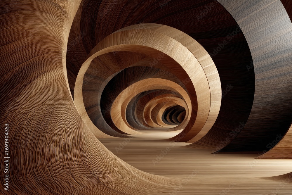 Fototapeta premium Wooden spiral tunnel, concentric circles