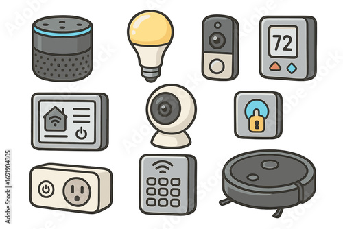 Smart home technology icon set. Vector cartoon collection of internet of things devices for home automation. Includes smart speaker, camera, lock, thermostat and robot vacuum.