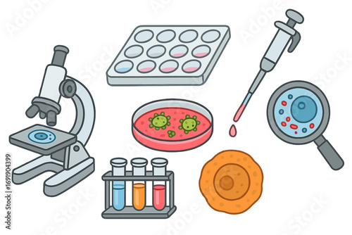 Set of biology research icons. Laboratory equipment for chemical or medical analysis. Microscope, pipette, petri dish, test tubes and cells. Science experiment vector cartoon.