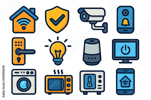 Smart home technology vector icon set. Home automation system elements including security camera, smart lock, voice assistant, appliances and mobile app remote control. IoT concept.