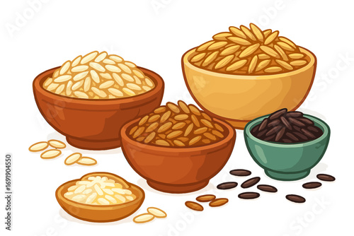 Rice varieties vector illustration. Assortment of grains in bowls. White, brown, black rice. Agricultural diversity concept. Healthy food, organic, staple ingredient cartoon design.