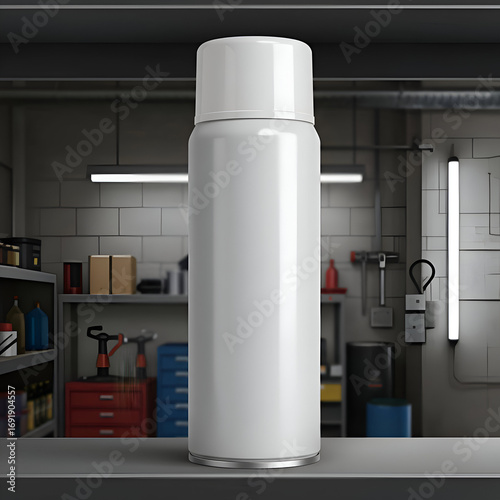 Wallpaper Mural Blank white spray can mockup in a garage setting. Empty container on a counter with a blurred garage in the background. Generic product mockup for promotional purposes. garage - Torontodigital.ca