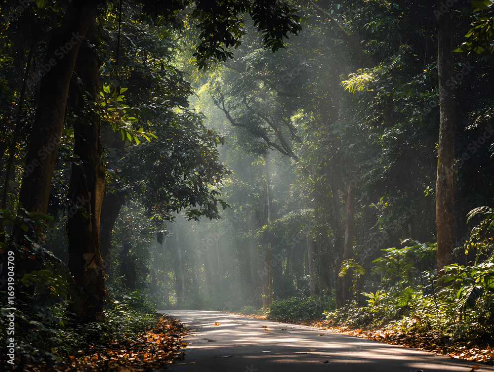 Obraz premium Road through Forest with Sunbeams