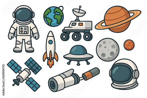 Space exploration vector illustrations with astronaut gear, rockets, satellites, planets, moon, UFO, rover, telescope, and space technology. Cartoon style transparent background set