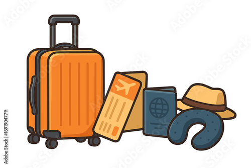 Travel essentials set with luggage, airplane tickets, passport, neck pillow, and hat for comfortable trips, vacation accessories, tourism, journey preparation vector illustration