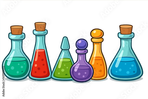 Set of colorful magic potion bottles. Vector cartoon illustration for fantasy games. Collection of glass flasks with elixir, poison, or alchemy liquid. Lab equipment icons.