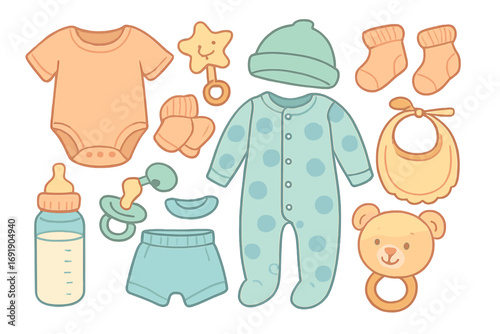 Cute baby shower set with newborn clothes and accessories. Vector cartoon illustration of bodysuit, pajamas, bib, bottle, pacifier, and toys for infant care in soft pastels.