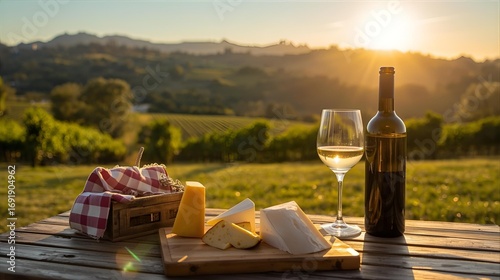 Romantic picnic setting with white wine and assorted cheeses overlooking rolling hills and a vineyard at golden hour