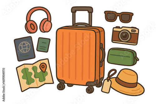 Travel essentials flat lay with orange luggage, passport, map, camera, sunglasses, headphones, hat, and travel accessories for trip planning and vacation preparation, cartoon vector