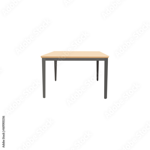 A simple, square table with a light beige or tan wood tabletop and dark gray legs.