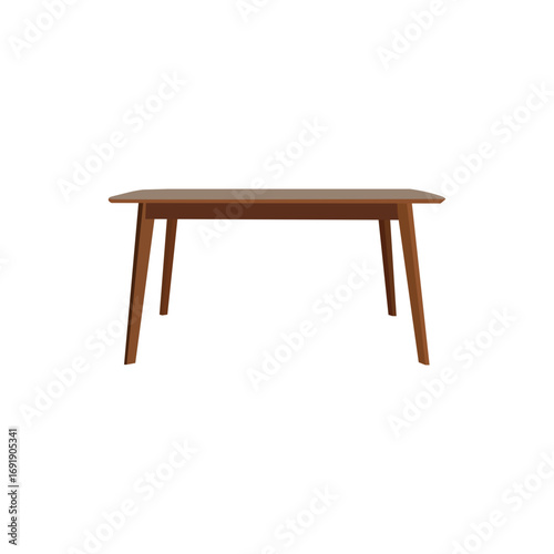 A full shot of a contemporary, light brown wooden dining table against a pure white background.