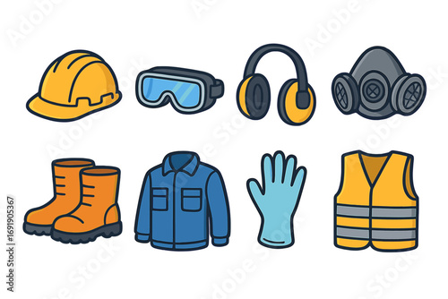 Work safety equipment icons. Personal protective equipment (PPE) set for industrial worker protection. Hard hat, goggles, earmuffs, respirator mask, boots, jacket and vest.