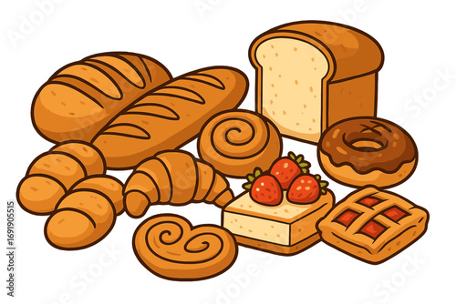 Bakery assortment vector illustration. Cartoon set of fresh baked goods including bread, croissant, donut, pie, and cake. Sweet pastry and dessert food items collection.