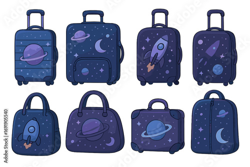 Unique collection of various travel bags and suitcases with space theme designs featuring planets, rockets, stars, and moons in blue and purple shades, vector cartoon illustration