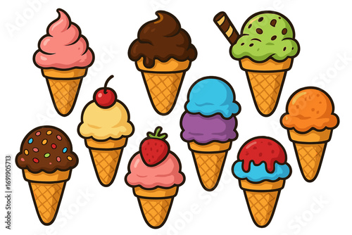 Set of cute cartoon ice cream cones. Vector illustration collection of sweet summer desserts. Food graphic with various flavors, colorful scoops, and toppings. Isolated design elements.