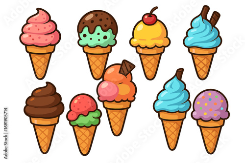 Set of colorful cartoon ice cream cones. Variety of sweet dessert scoops with different flavors and toppings. Vector food illustration for summer. Isolated fun icon collection.