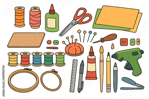Variety of colorful crafting supplies and tools on clean creative workspace, including threads, scissors, glue, pins, paintbrush, pencil, hot glue gun, embroidery hoops, and paper, vector illustration