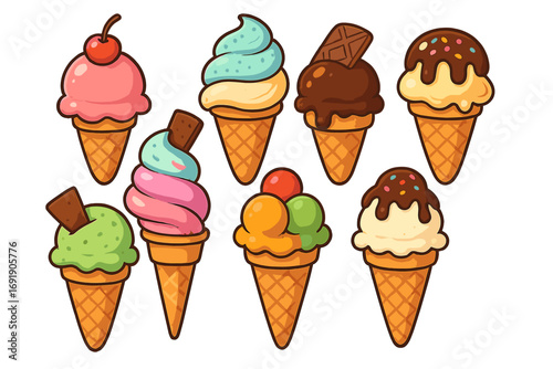 Cartoon ice cream cone set vector collection. Variety of sweet dessert scoops with toppings like sprinkles and cherry. Summer food icon illustration of colorful frozen treats.