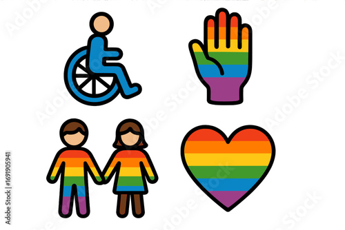 Vector icons for diversity, inclusivity, accessibility. Wheelchair symbol, rainbow pride hand, heart, couple. LGBTQ+ community support and disability rights concept.