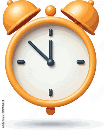 A bright orange vintage-style alarm clock with bells on top, displaying the time shortly after midnight, set against a clean white background, representing punctuality and the start of a new day