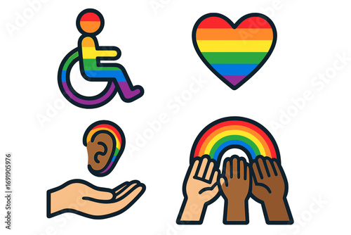 Inclusivity icon set with LGBTQ+ Pride rainbow. Diverse community and accessibility concept. Symbols for disability, hearing loss, multiethnic unity, and queer love. Vector.