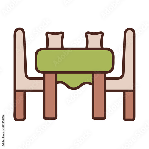 Dining table illustration with green tablecloth and chairs 
