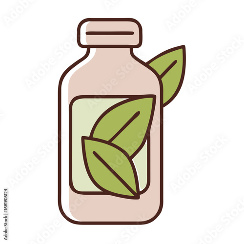 Herbal medicine bottle illustration with green leaves 
