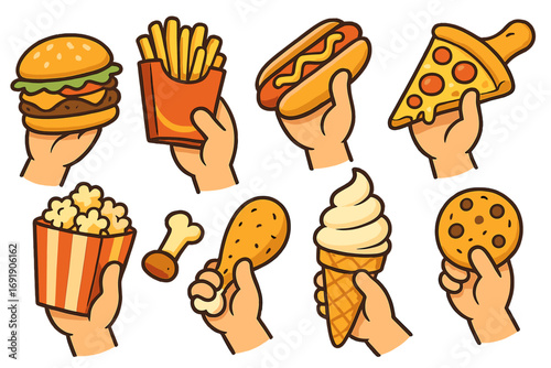 Fast food cartoon icon set. Hands holding burger, pizza, hot dog, fries, chicken. Snack dessert vector illustration. Unhealthy junk food eating concept collection.