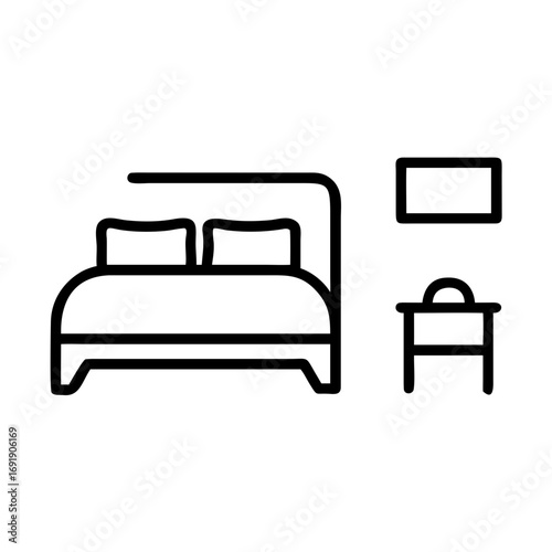 Minimalist bedroom line illustration with bed and nightstand 
