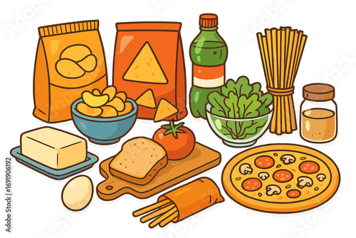Variety of food items including snacks, drinks, vegetables, bread, egg, pasta, pizza, and ingredients for meal preparation in casual kitchen setting, vector cartoon illustration