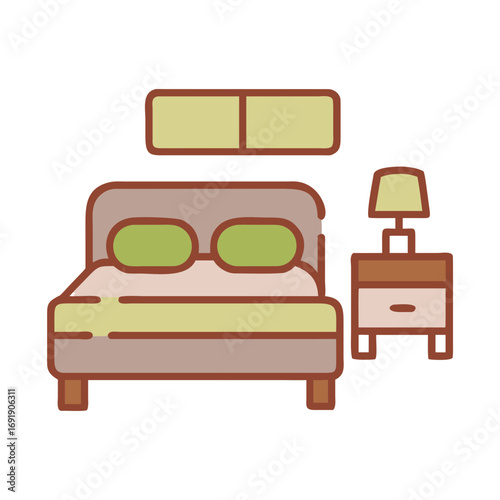 Cozy bedroom interior with bed and nightstand in pastel style
