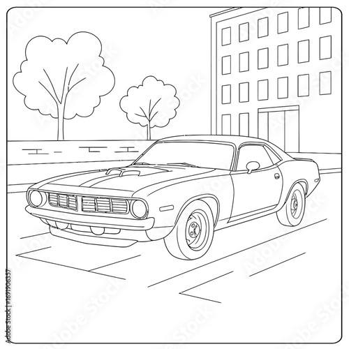A classic car parked on a street with trees and a building in a black and white drawing