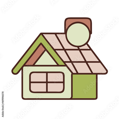 Eco house with solar panel roof in pastel cartoon style
