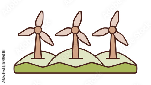 Wind turbines on green hills in pastel cartoon style
