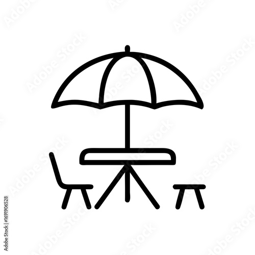 Outdoor patio furniture icon with umbrella and chairs 
