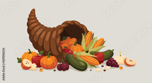 Thanksgiving cornucopia horn of plenty with autumn harvest vegetables.