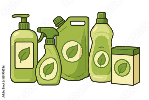 Eco friendly cleaning products set. Green household supplies illustration. Bio organic detergents for sustainable living. Natural cleaning agents vector collection concept.
