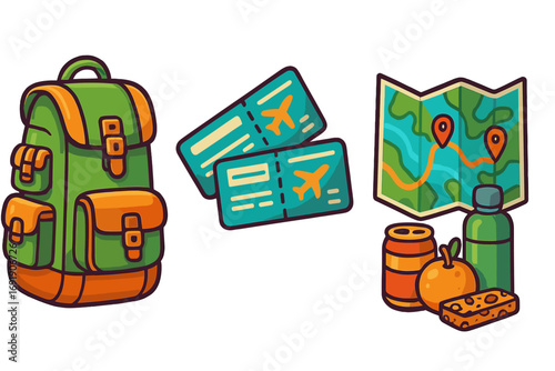 Travel essentials icon set for adventure and tourism. Vector cartoon illustration of backpack, flight tickets, map, and food for a journey, vacation, or camping trip.