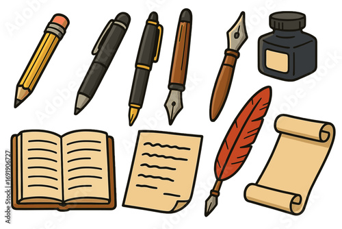Classic and modern writing tools and literary artifacts collection for creative expression and writing inspiration, including pencils, pens, quills, ink bottles, books, paper, and scrolls