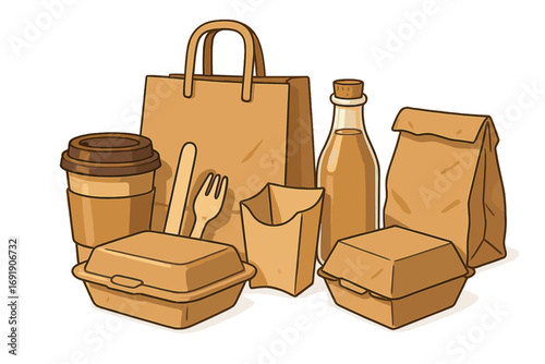 Eco packaging for food delivery service. Paper bag, box, coffee cup container for takeaway meal. Set of recyclable, sustainable, biodegradable disposable craft packages.