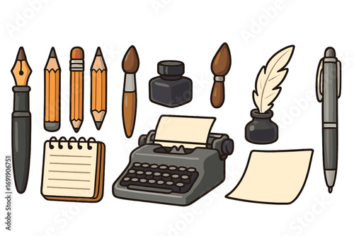Writing tools and literary artifacts collection with pencils, paintbrushes, ink bottles, typewriter, quill pen, notepad, and ballpoint pen for creative expression and art design, vector illustration